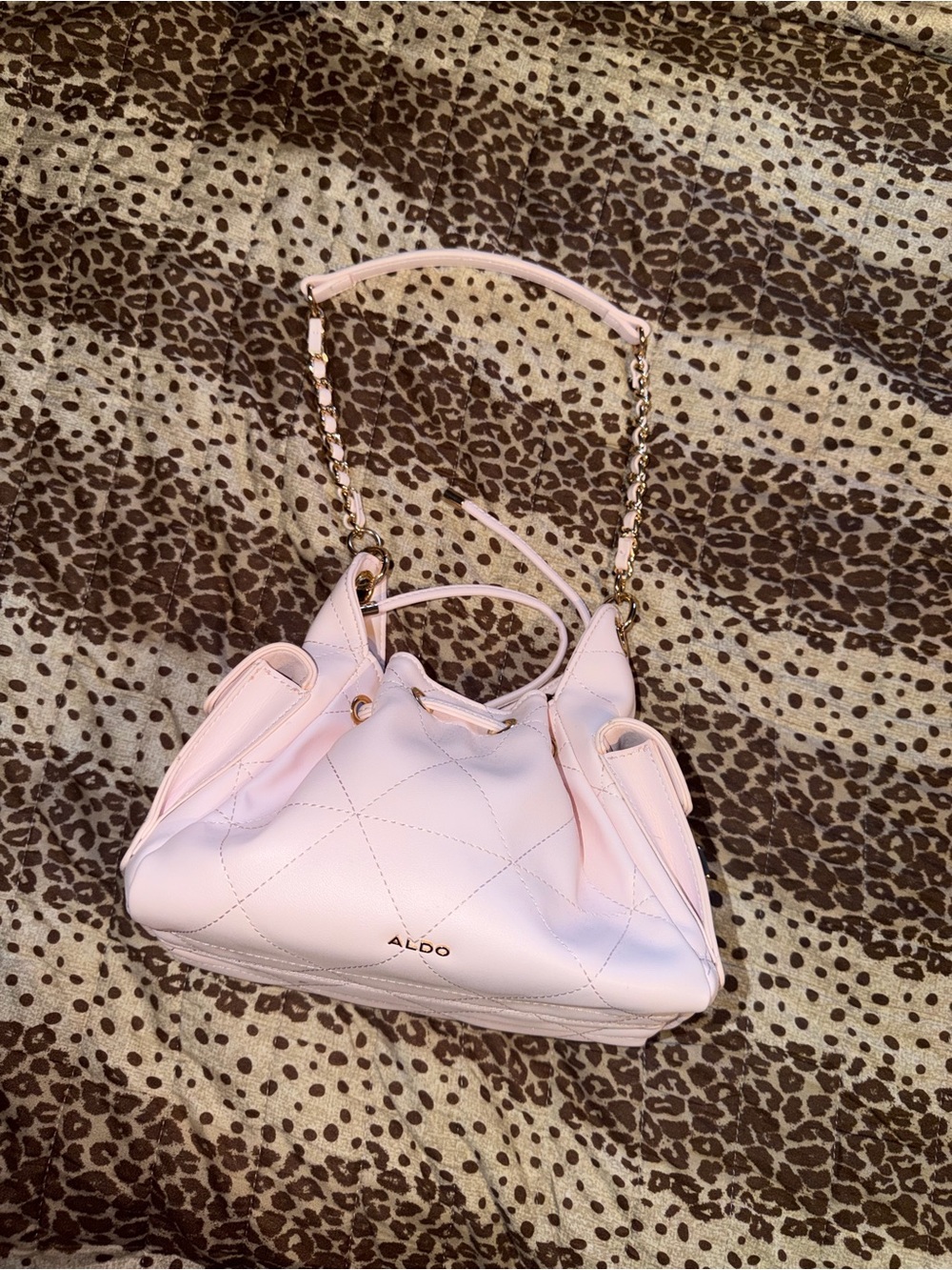 Aldo Light Pink Quilted Drawstring Shoulder Bag with Gold Chain